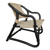Chaise de salon Espri Safari vintage : bambou noir, tissu beige, Ikea des années 1970
