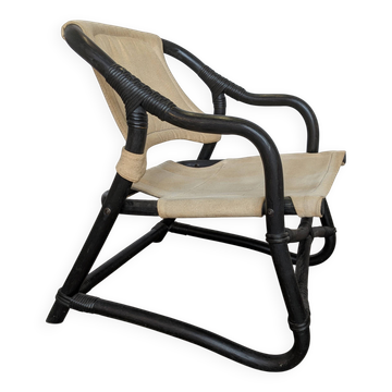 Chaise de salon Espri Safari vintage : bambou noir, tissu beige, Ikea des années 1970
