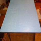 Table formica bleu tiroir pied effel avec rallonge