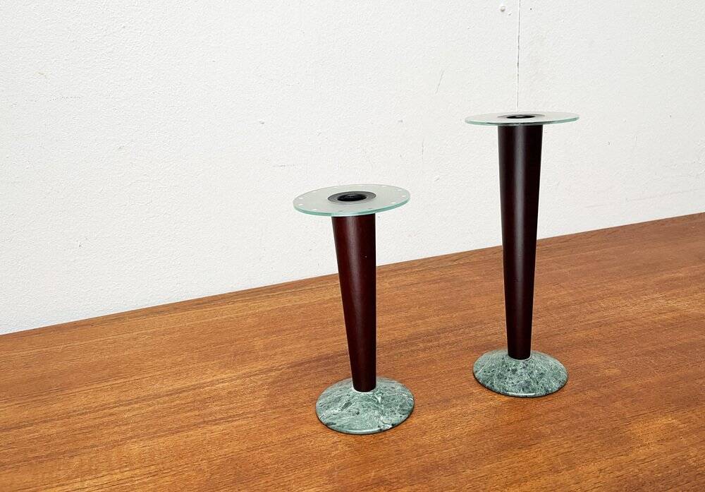 Vintage postmodern Italian wooden and stone candle holders, 1980s, set of 2.