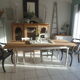 Farm table, leg and belt patinated pearl gray, wooden top.