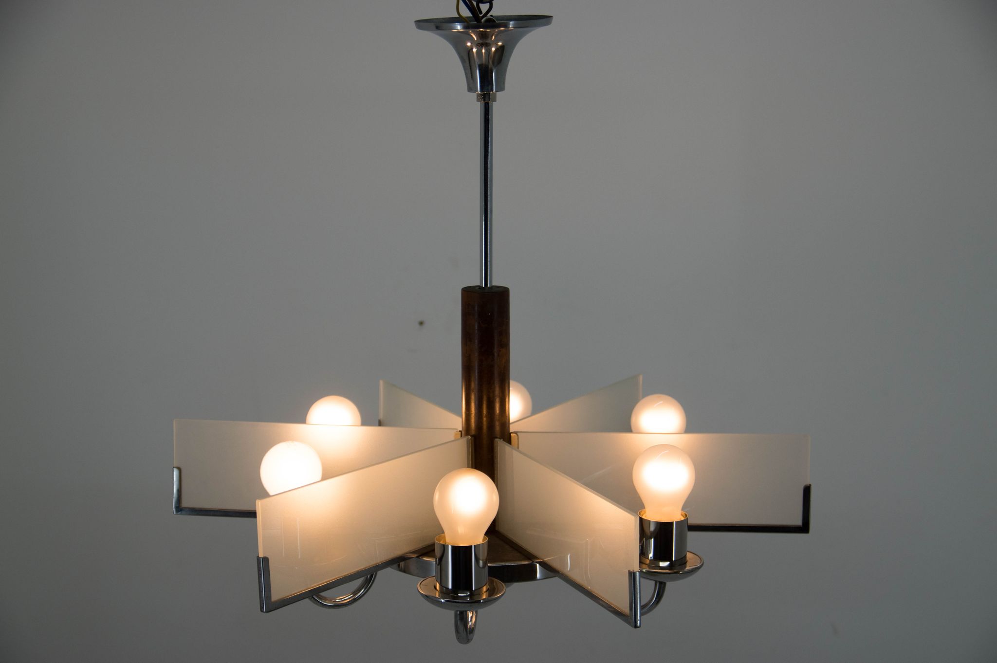 Art Deco Chandelier Made of Chrome, Wood and Sandblasted Glass, 1940s