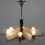 Art Deco Chandelier Made of Chrome, Wood and Sandblasted Glass, 1940s