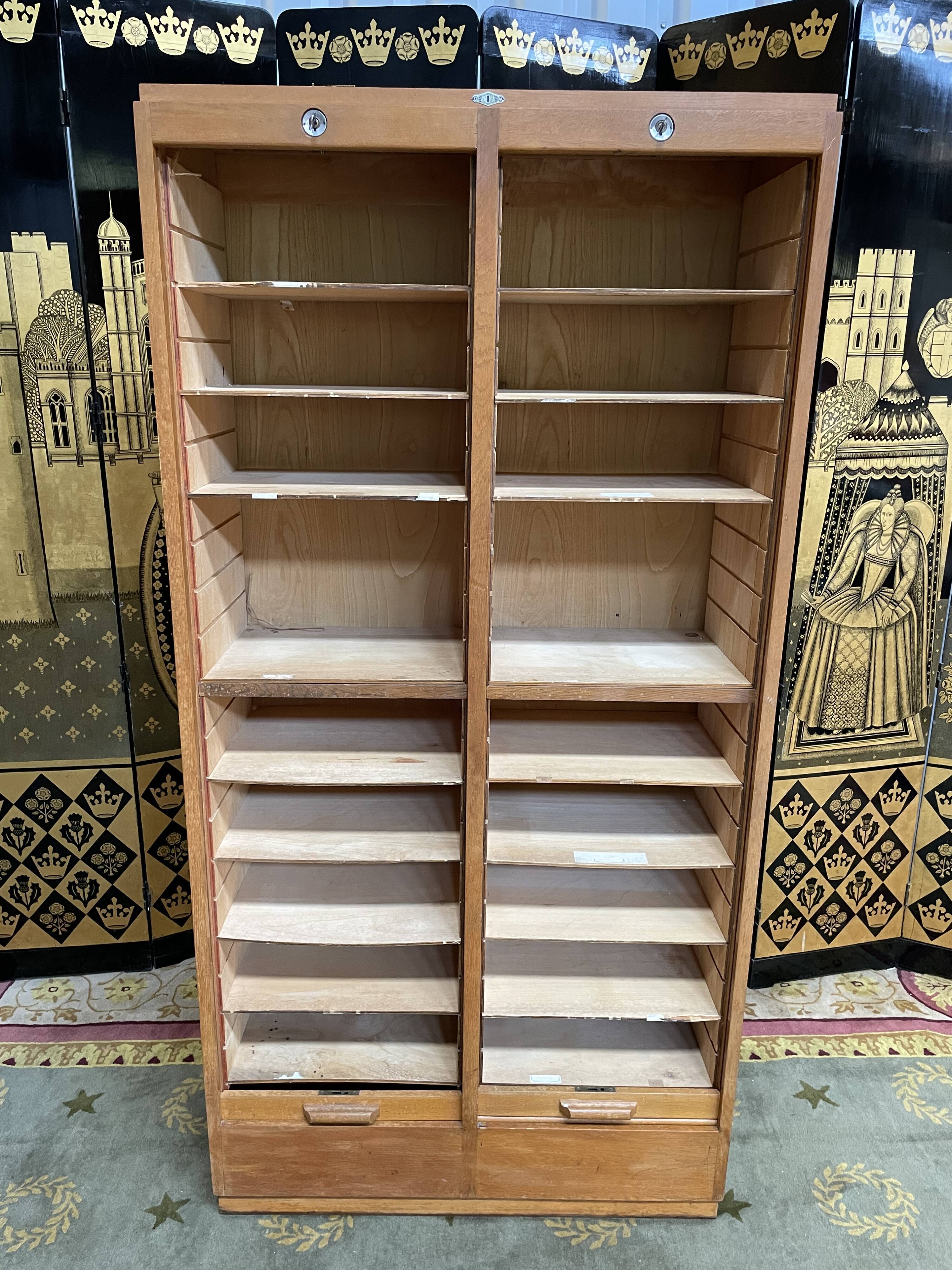 Double filing cabinet with notary curtains in solid oak 1960