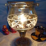 Table lamp with bronze base, round globe with amber and granite ruffles, retro chic