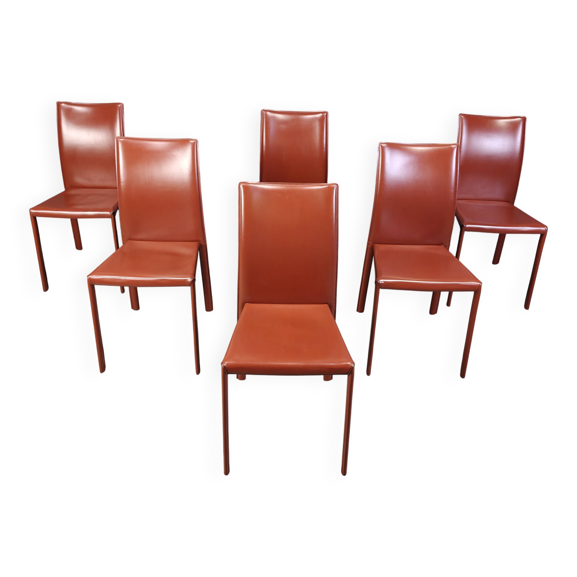Chaises de salle à manger italiennes en cuir rouge, années 1980 - lot de 6
