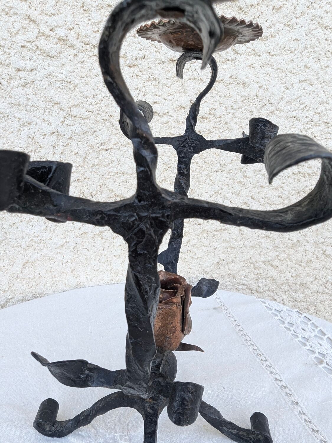 Brutalist Antique Wrought Iron Chandelier Floral Naturalist Candle Holder