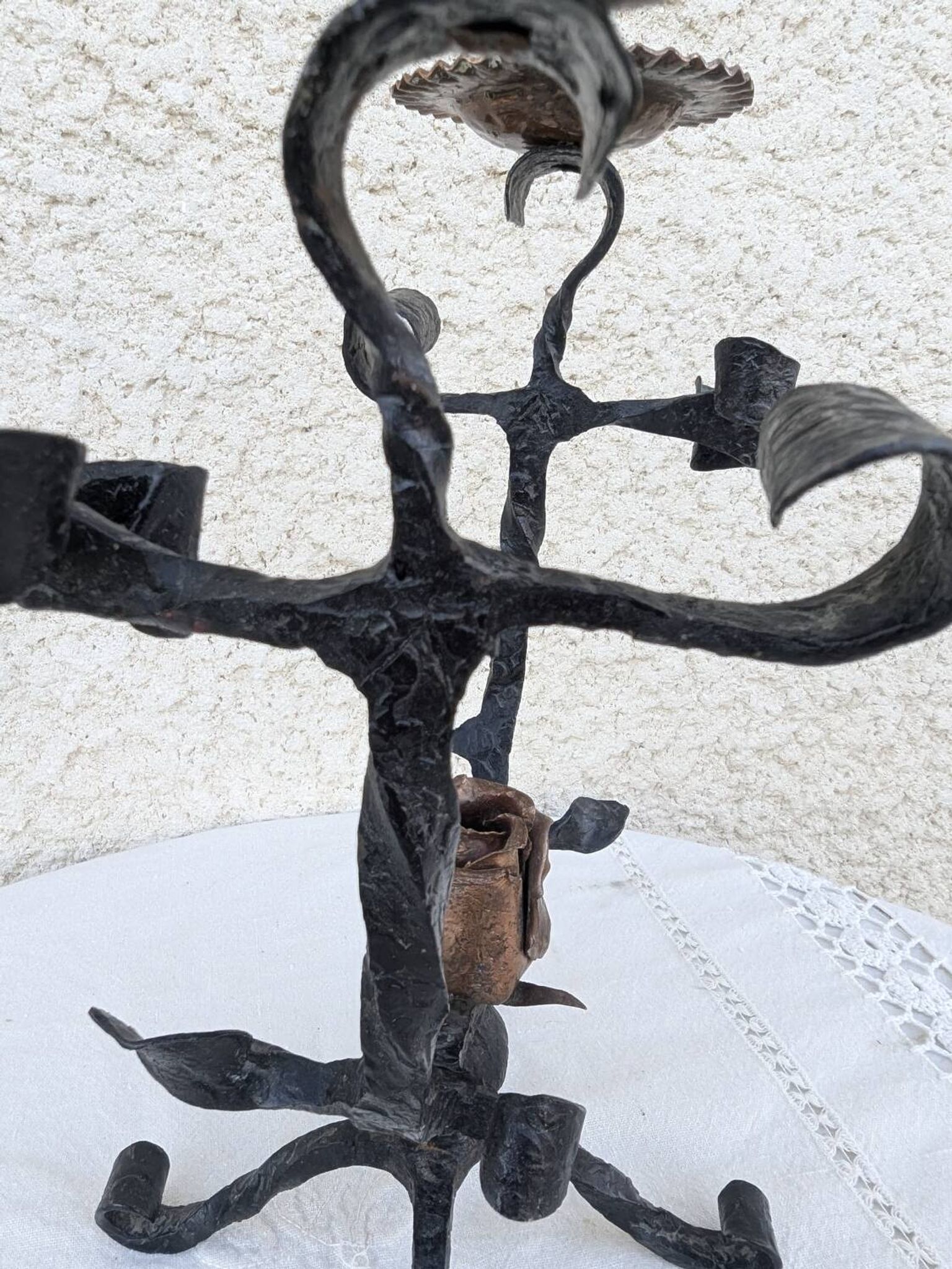 Brutalist Antique Wrought Iron Chandelier Floral Naturalist Candle Holder