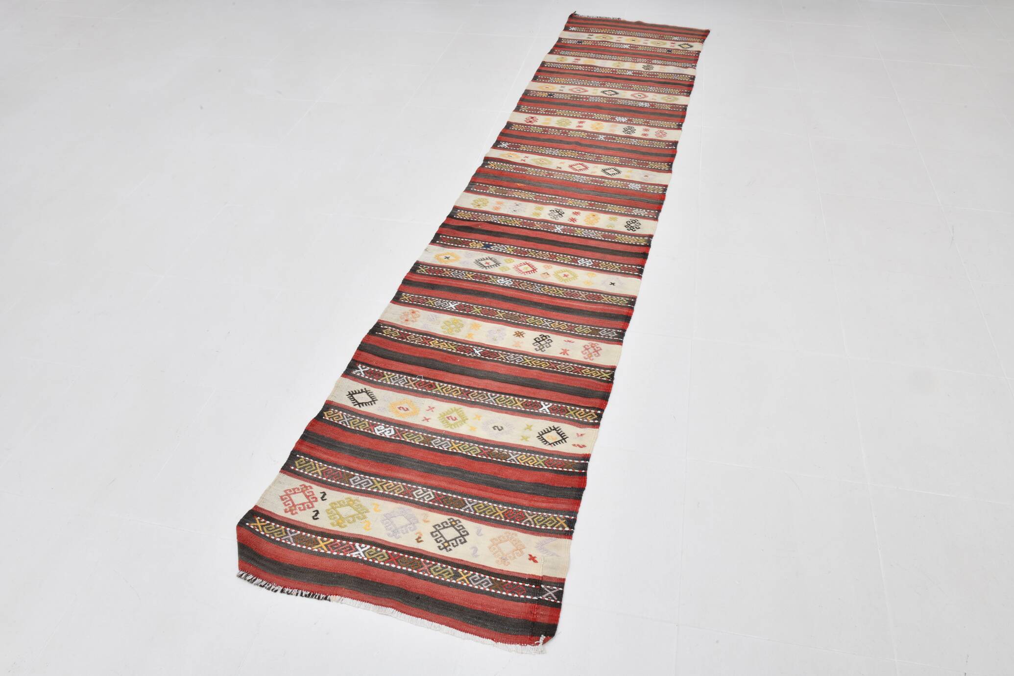 2x10 Kilim Red & Beige Hallway Kilim Runner, 69x316 Cm
