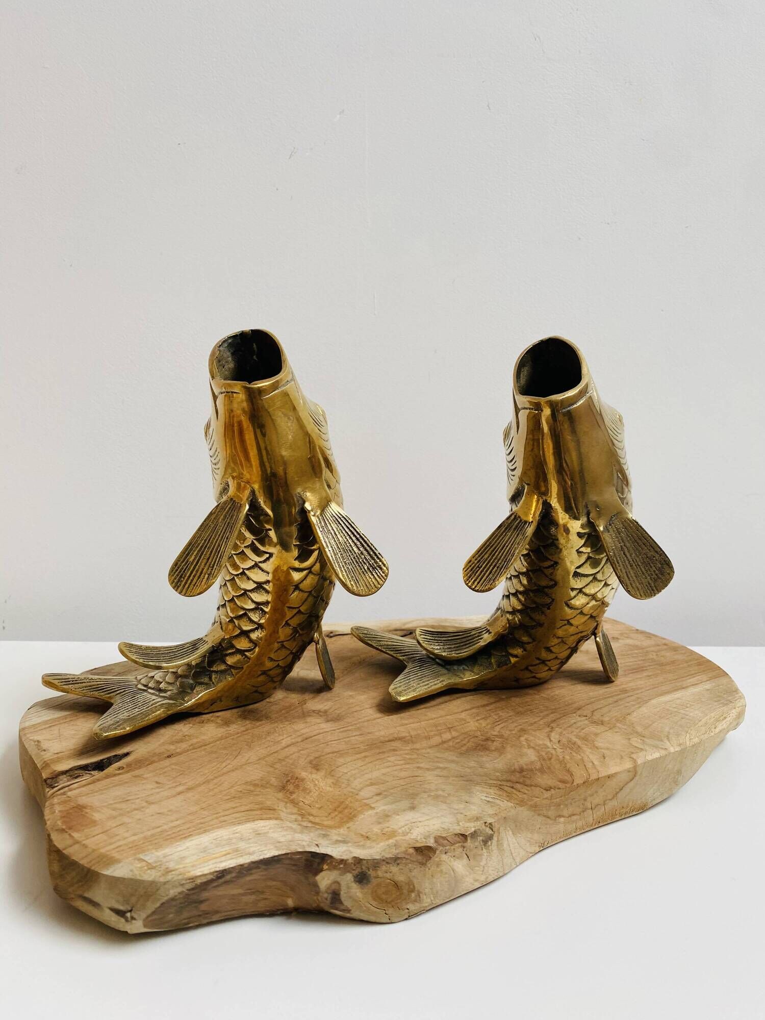Pair of koi carp vases in brass, animal sculpture