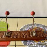 Vintage carved wooden wall coat rack - 4 red balls
