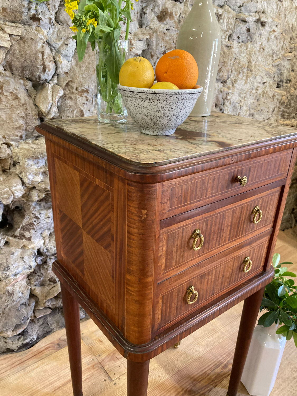 Louis XVI bedside in antique exotic wood marquetry / or harness