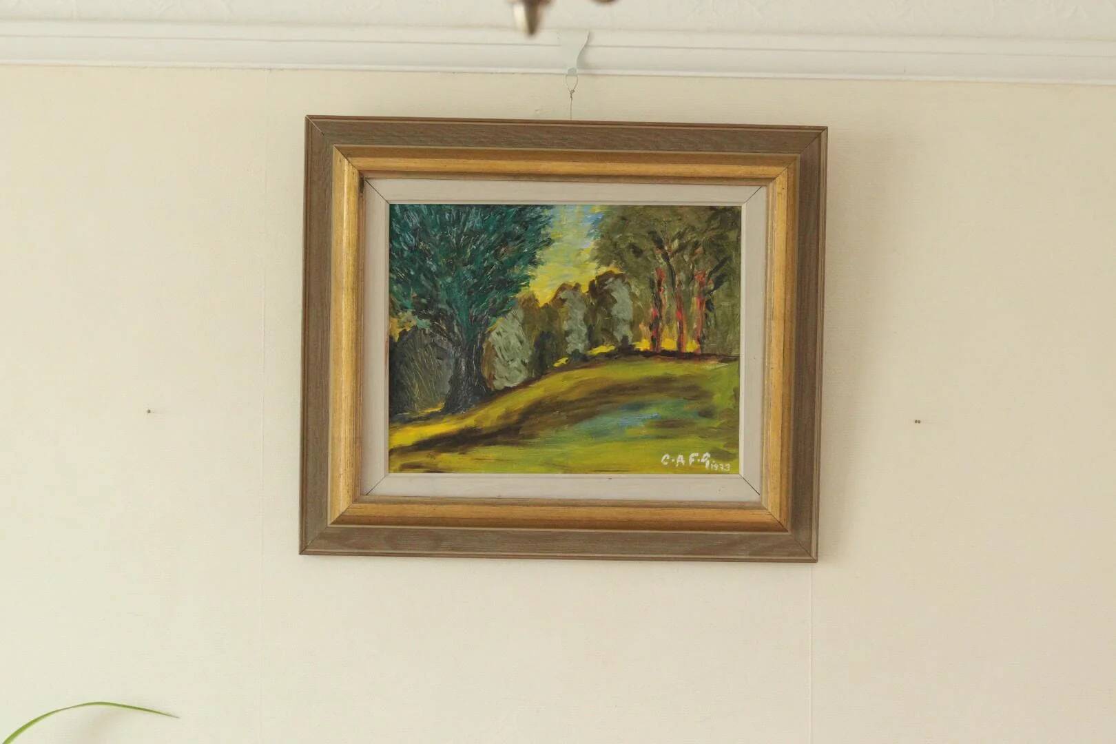 Huile sur panneau suédoise, "Lever de soleil dans un paysage de parc" par Gustaf Forsberg