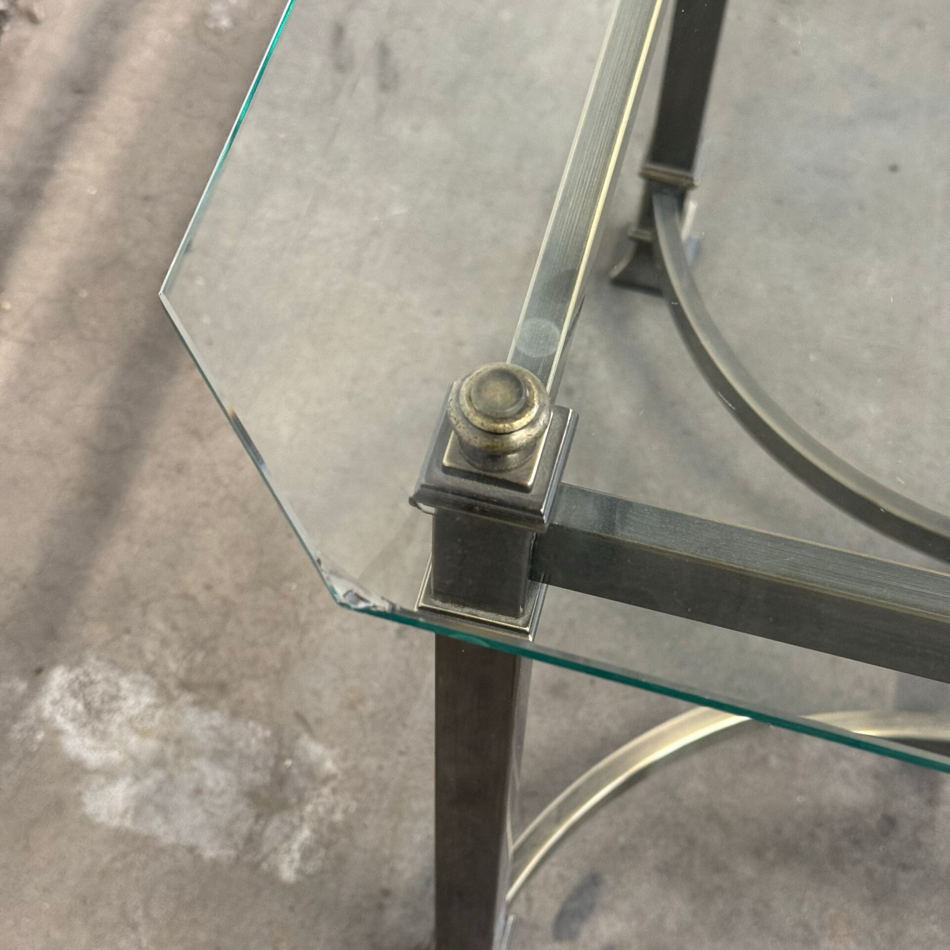 Vintage Neoclassical Side Table — Gun Metal & Brass Frame with Octagon