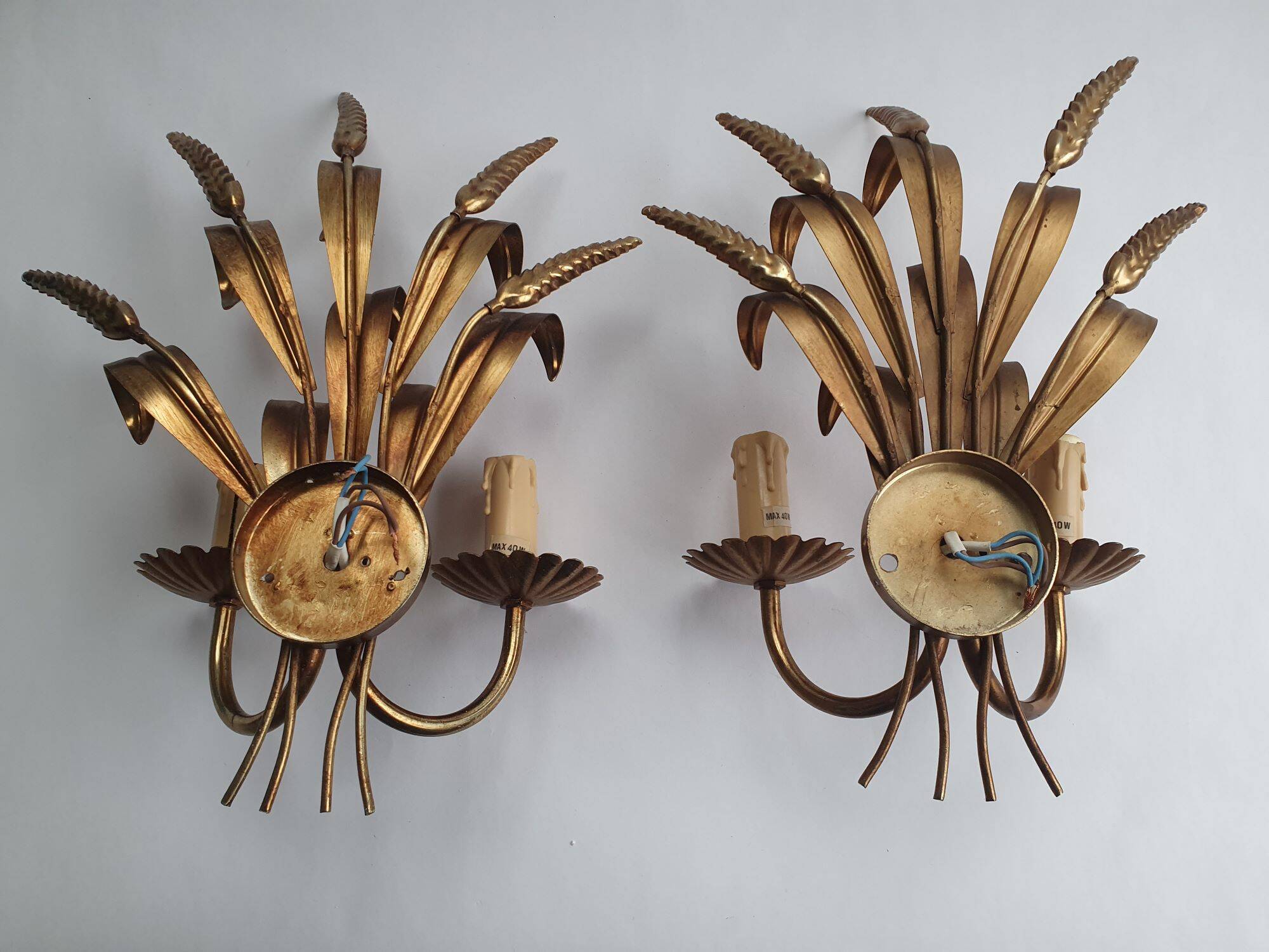 Pair of antique gold wall sconces with wheat ear motif