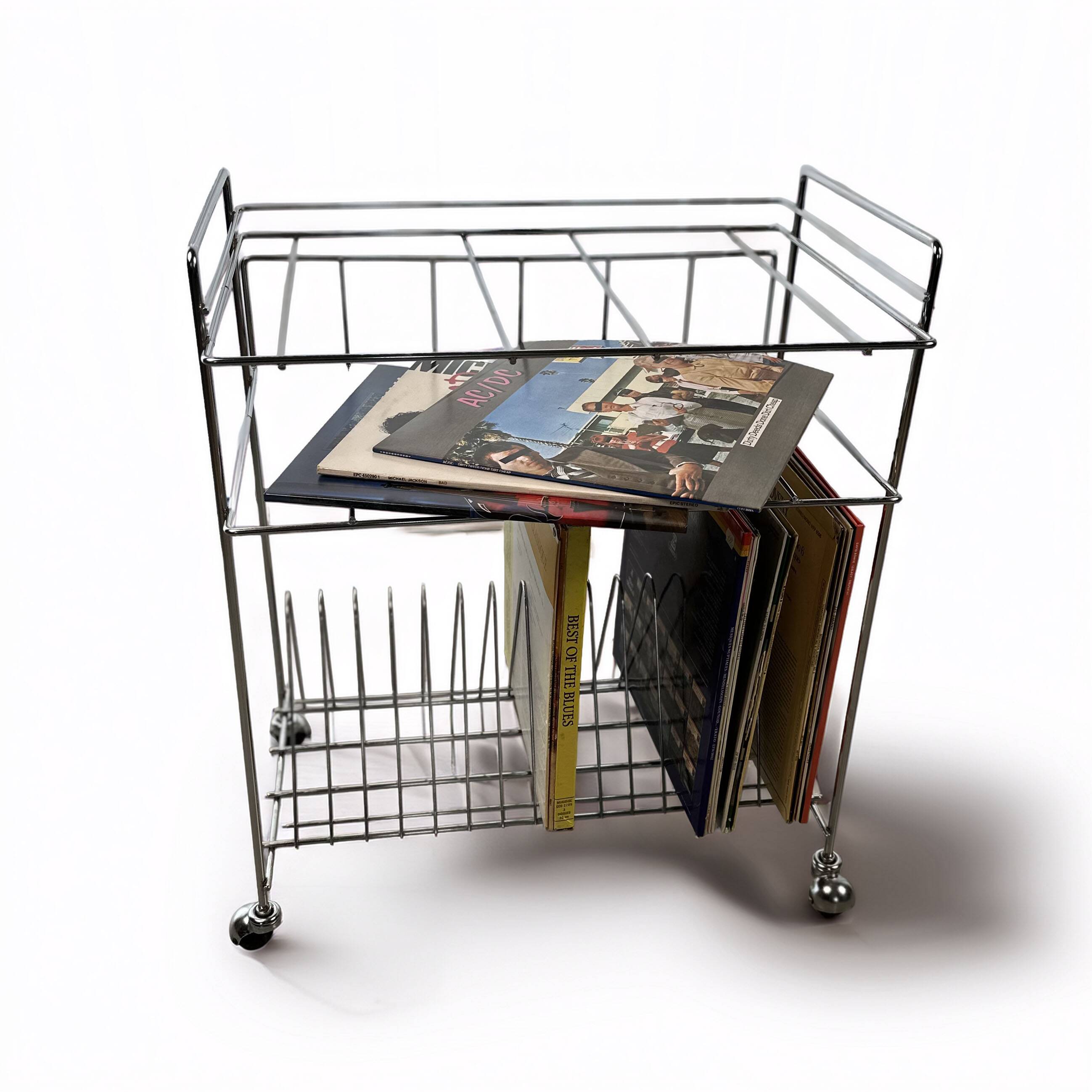 Vintage Chrome Record Holder on Wheels