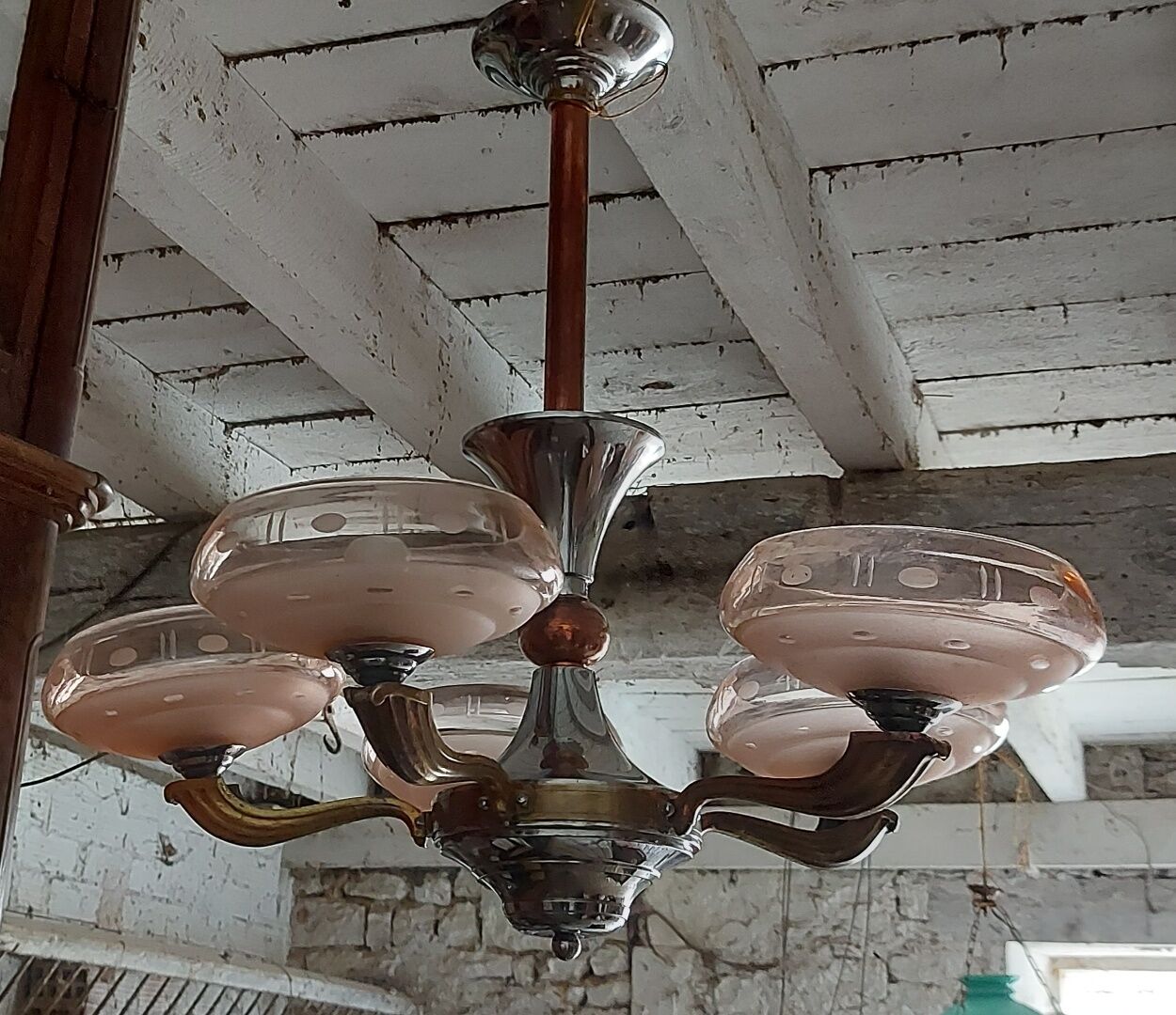 Chandelier 5 pink globes nickel, copper art deco 1950