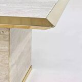 1970s square coffee table in travertine and brass