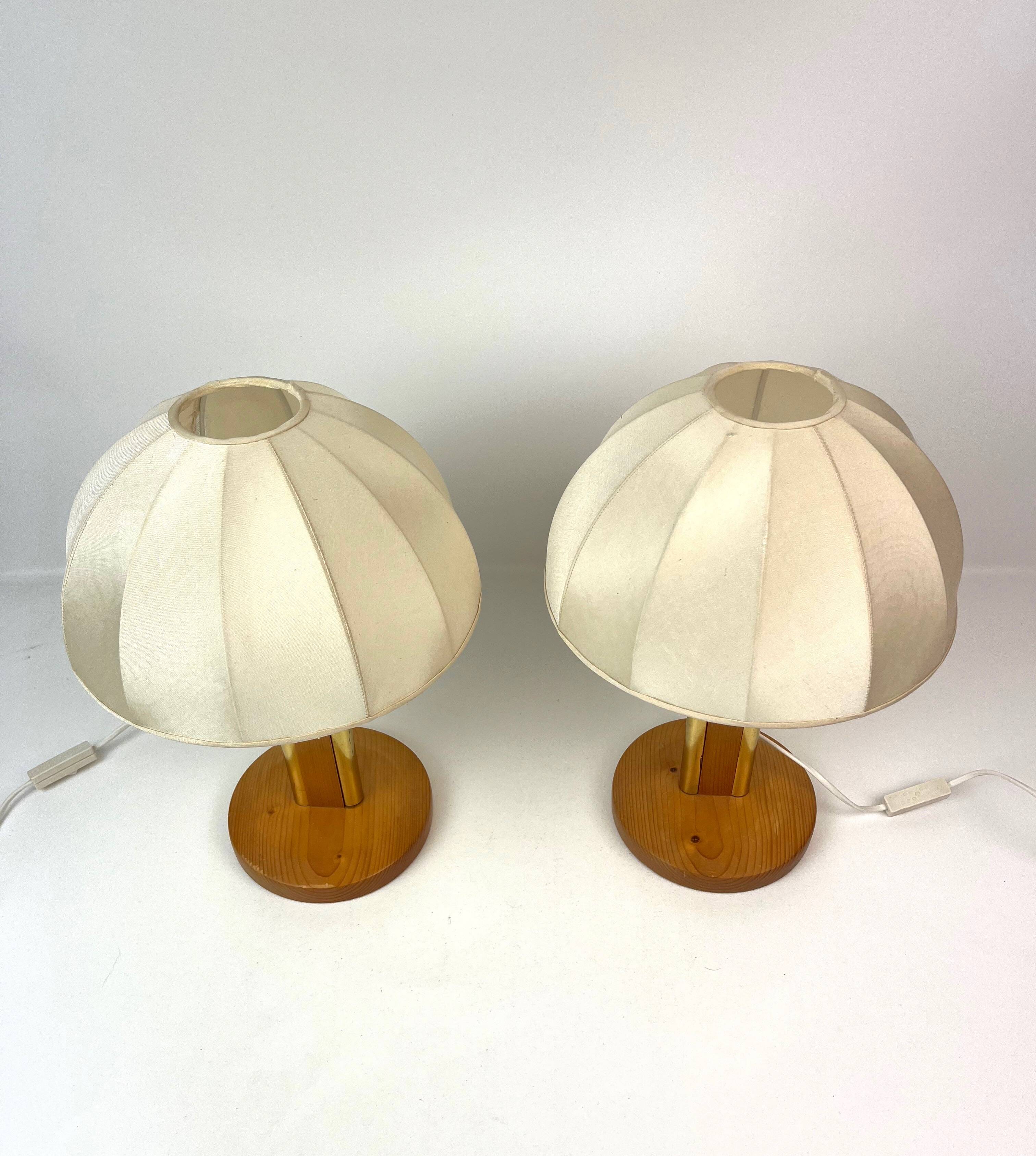 Pair Danish Modern Mid Century Pine Wood Cocoon Bedside Lamps