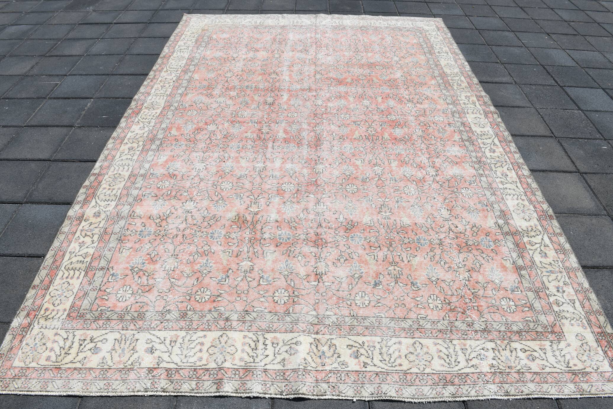 Soft Pink Oversize Vintage Turkish Floral Carpet Rug, 219x313 Cm
