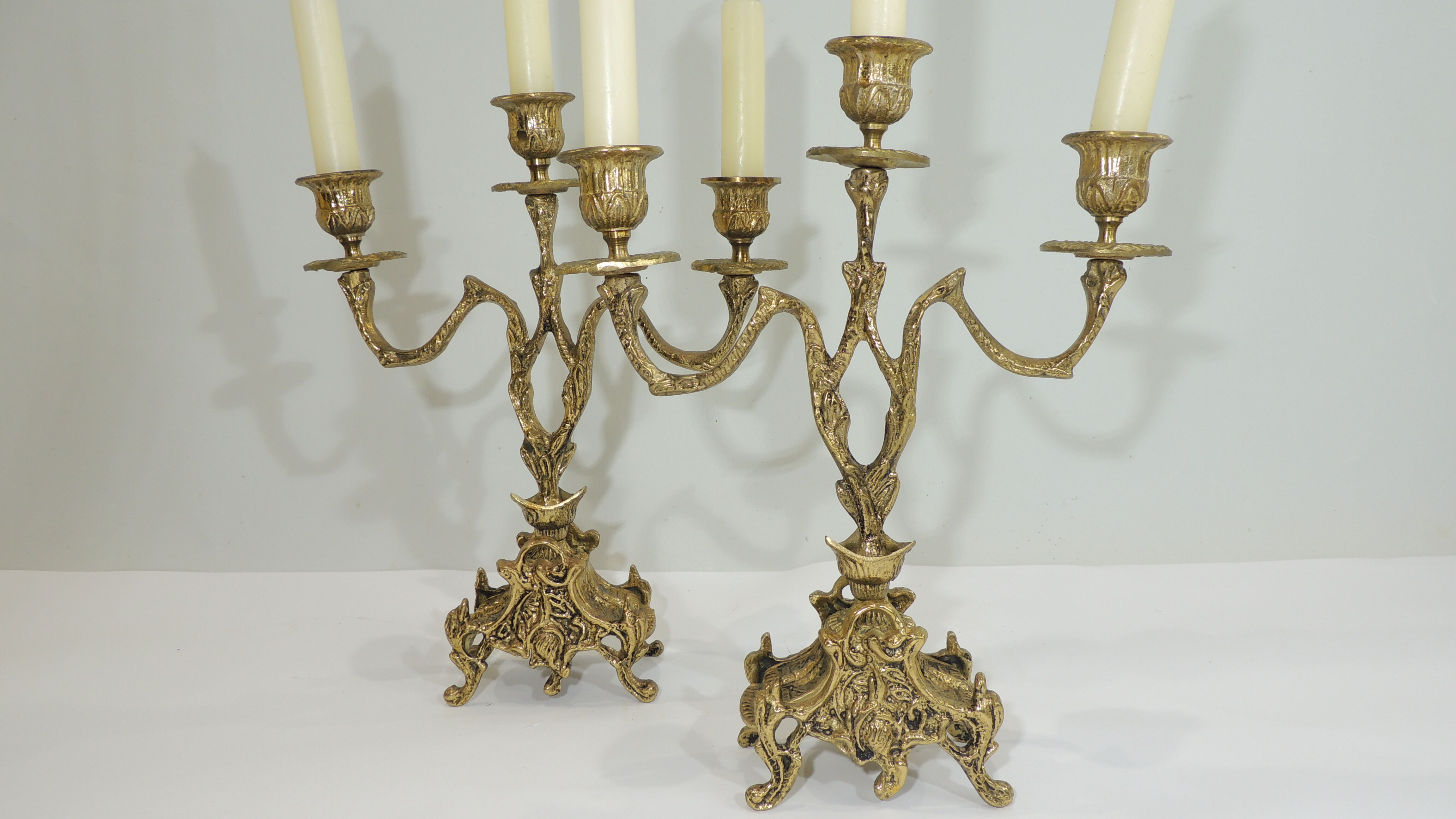 Pair of candle holders / golden brass / vintage / candelabra