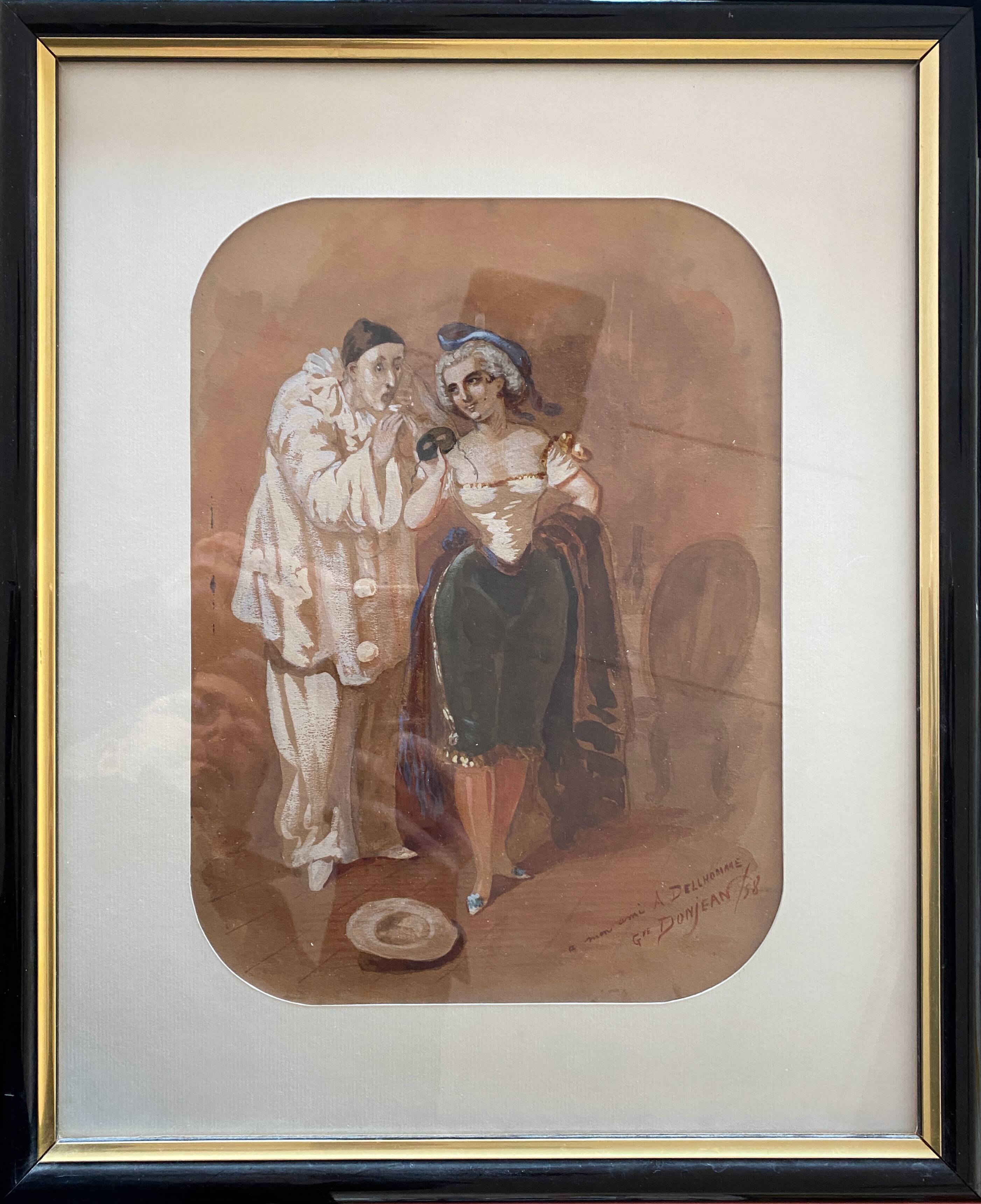 Watercolor painting harlequin gouache 1858 by gustave donjean (1800-1899)