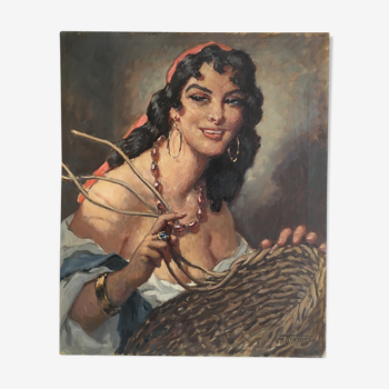 Portrait de la marchande de paniers huile sur toile 1950