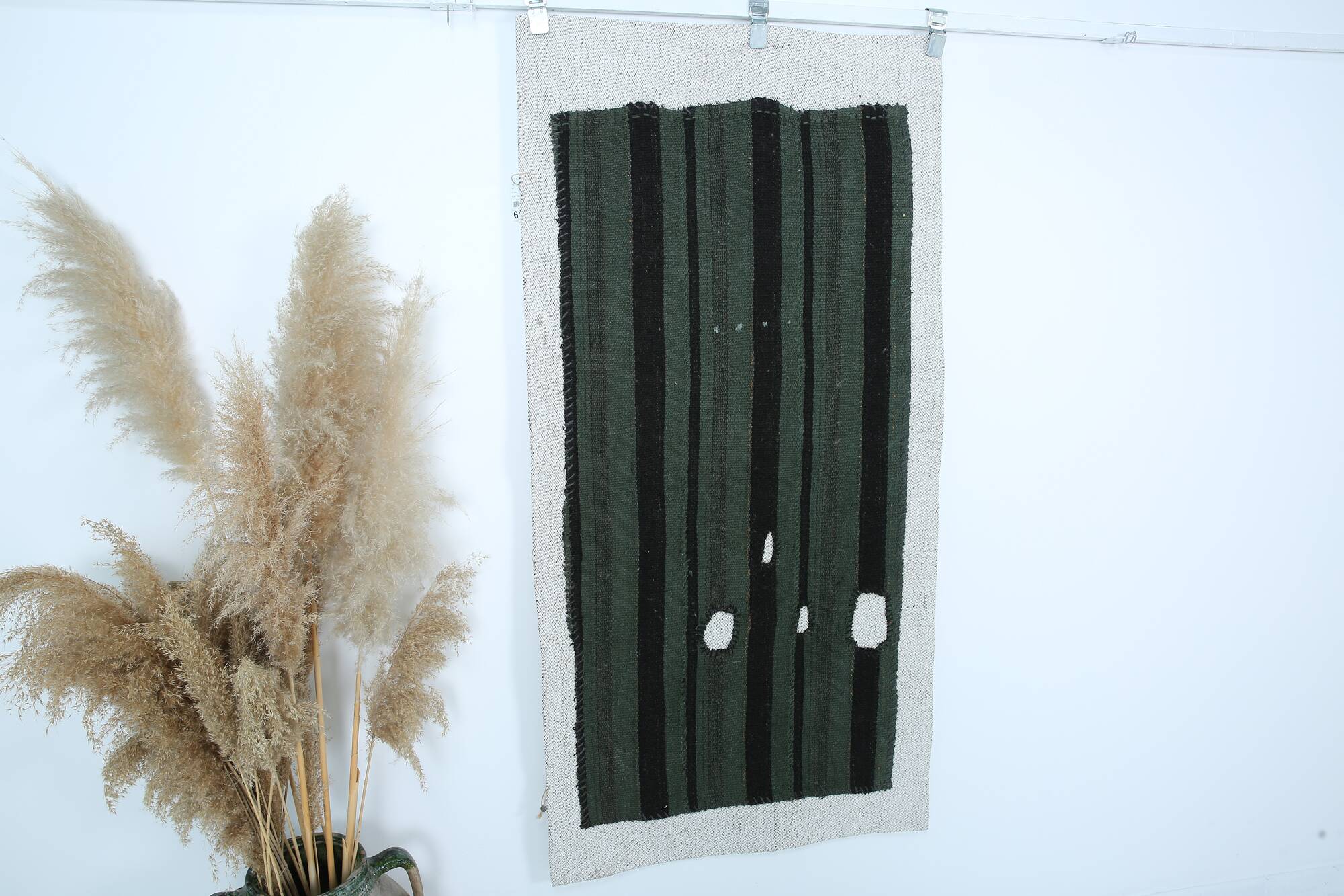 Turkish Green Black Striped Vintage Kilim Rug, 81x163Cm