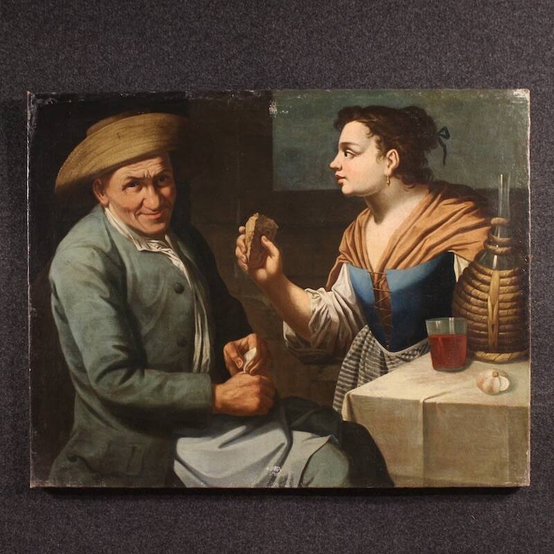 Antique Lombard painting from the 17th century, interior scene