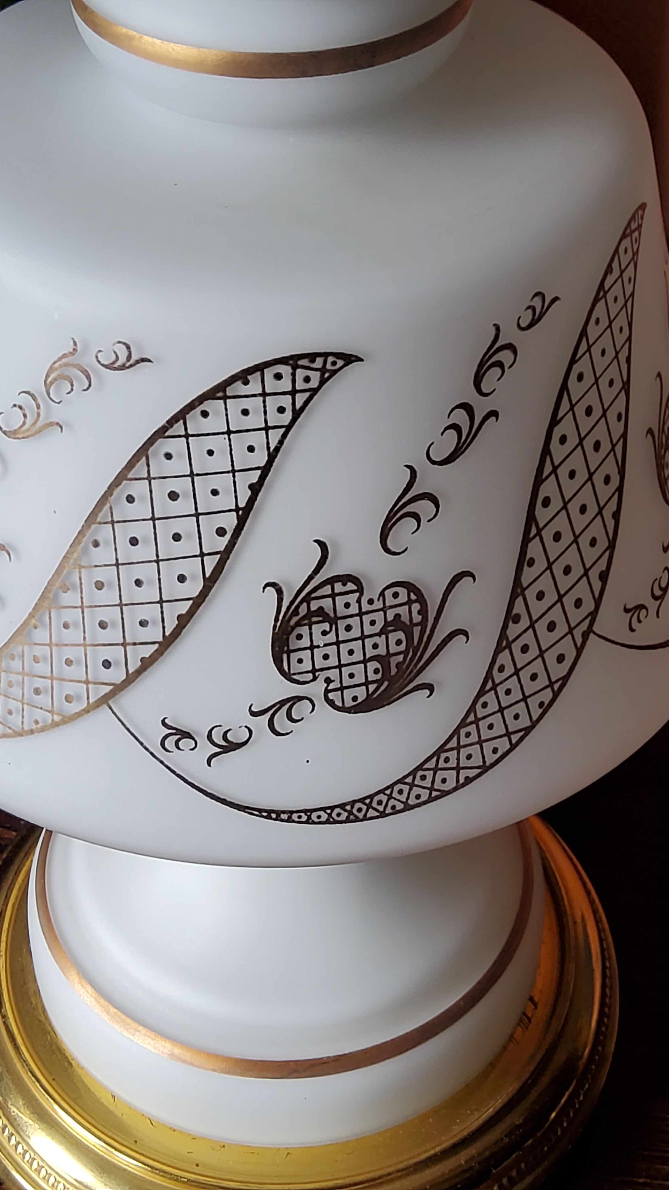 Vintage lamp of the 50s in white and golden opaline glass lampshade in red satin 75cm