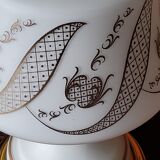 Vintage lamp of the 50s in white and golden opaline glass lampshade in red satin 75cm