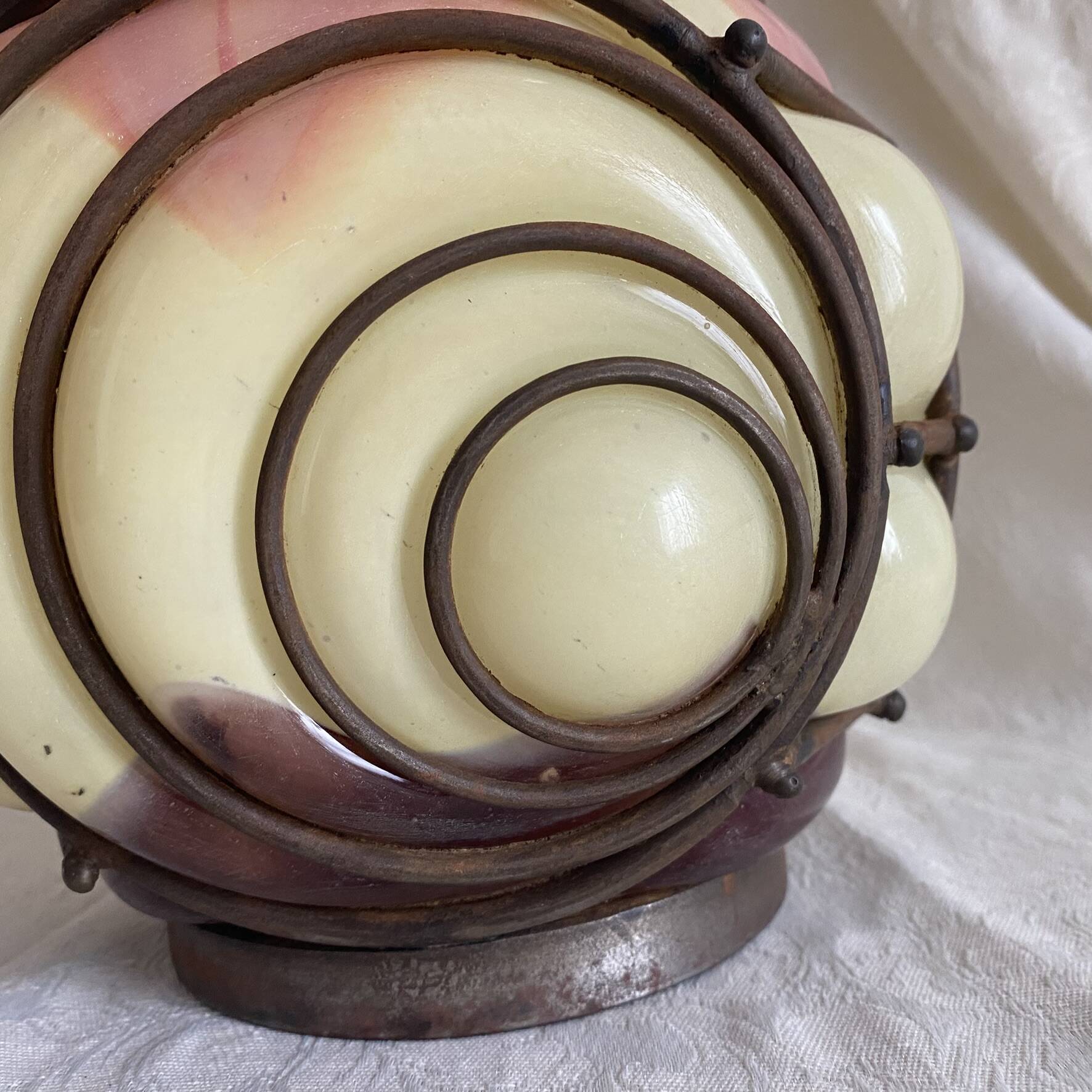 Art Deco vase in marbled glass and wrought iron, 1930s.