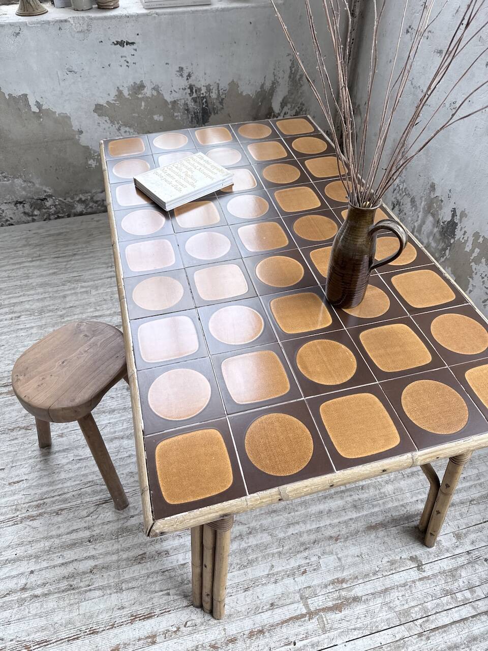 1950s rattan table with ceramic top