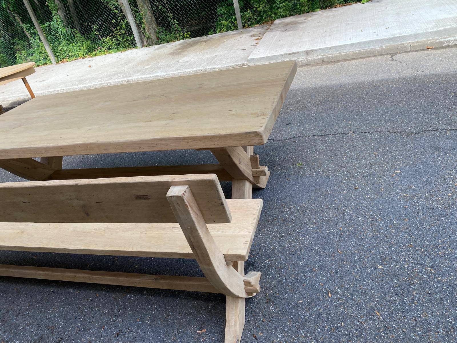 Monastery bench with a 220 cm backrest, renovated in raw solid oak with X legs.