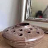 Vintage flower pot in perforated handcrafted stoneware, flattened round shape, p