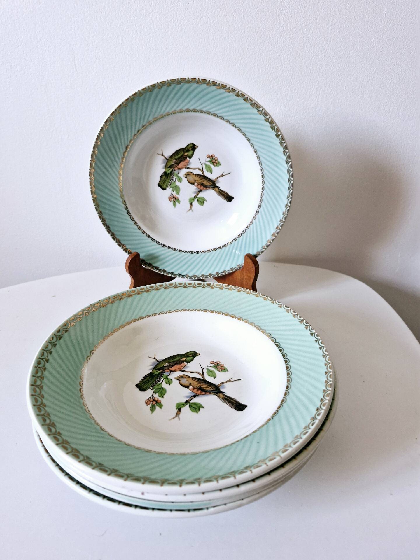 5 assiettes creuses Badonviller oiseaux liseré doré