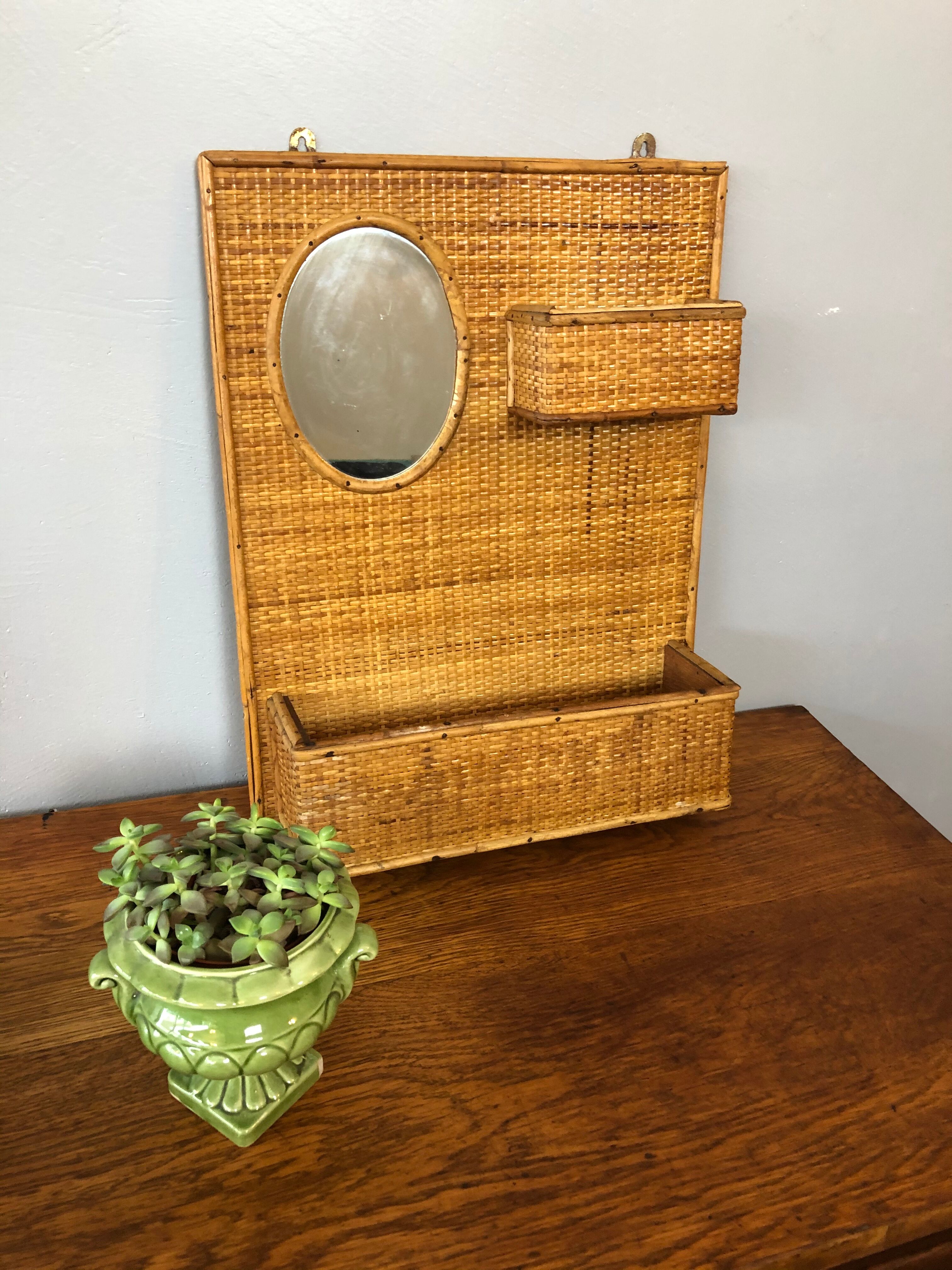Vintage woven rattan shelf