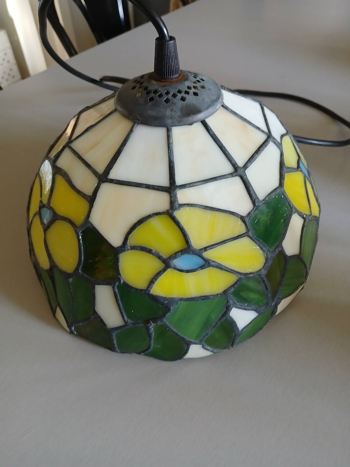 Antique stained glass and tin pendant light