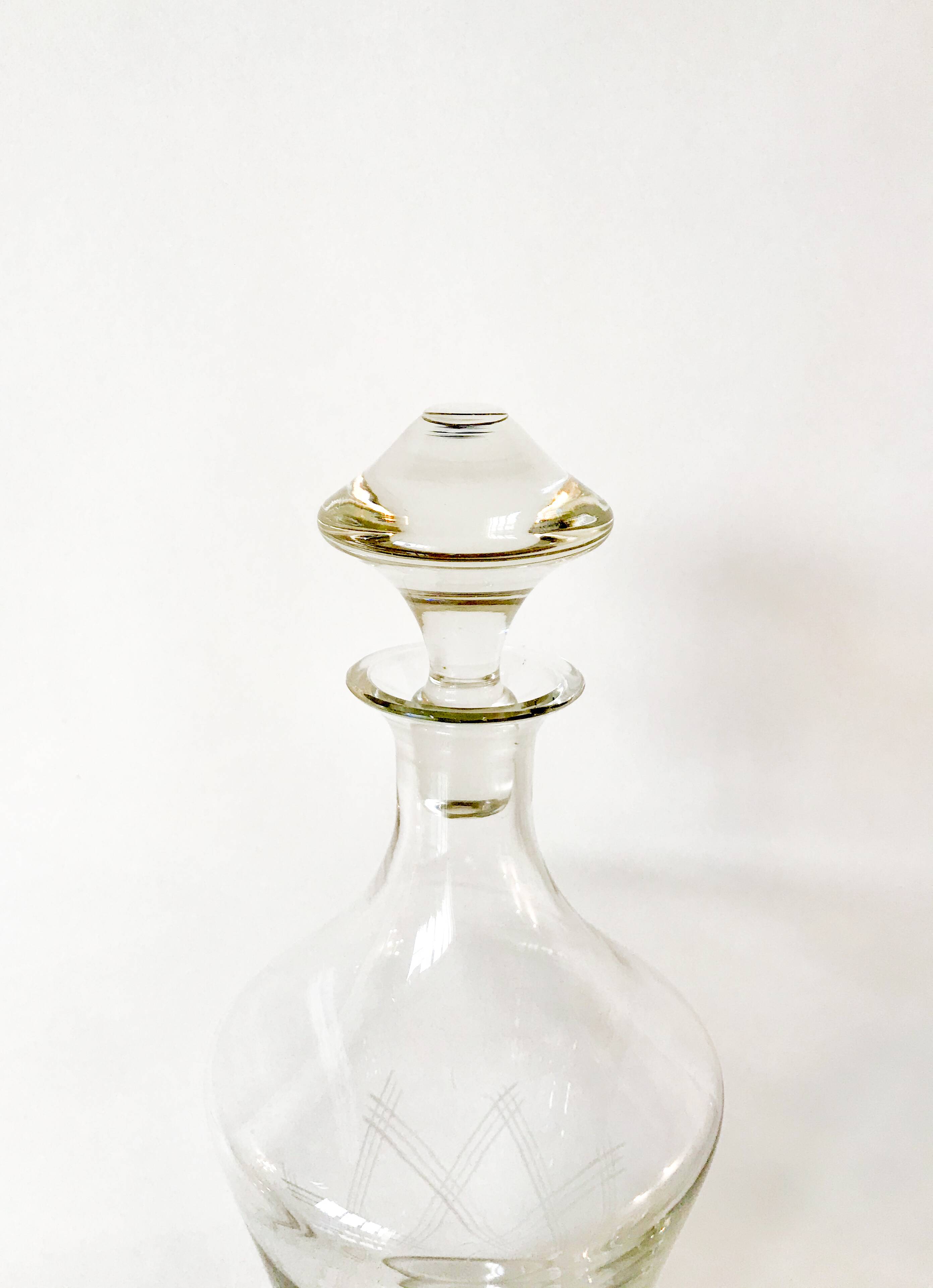 large engraved glass wine carafe from the 1950s