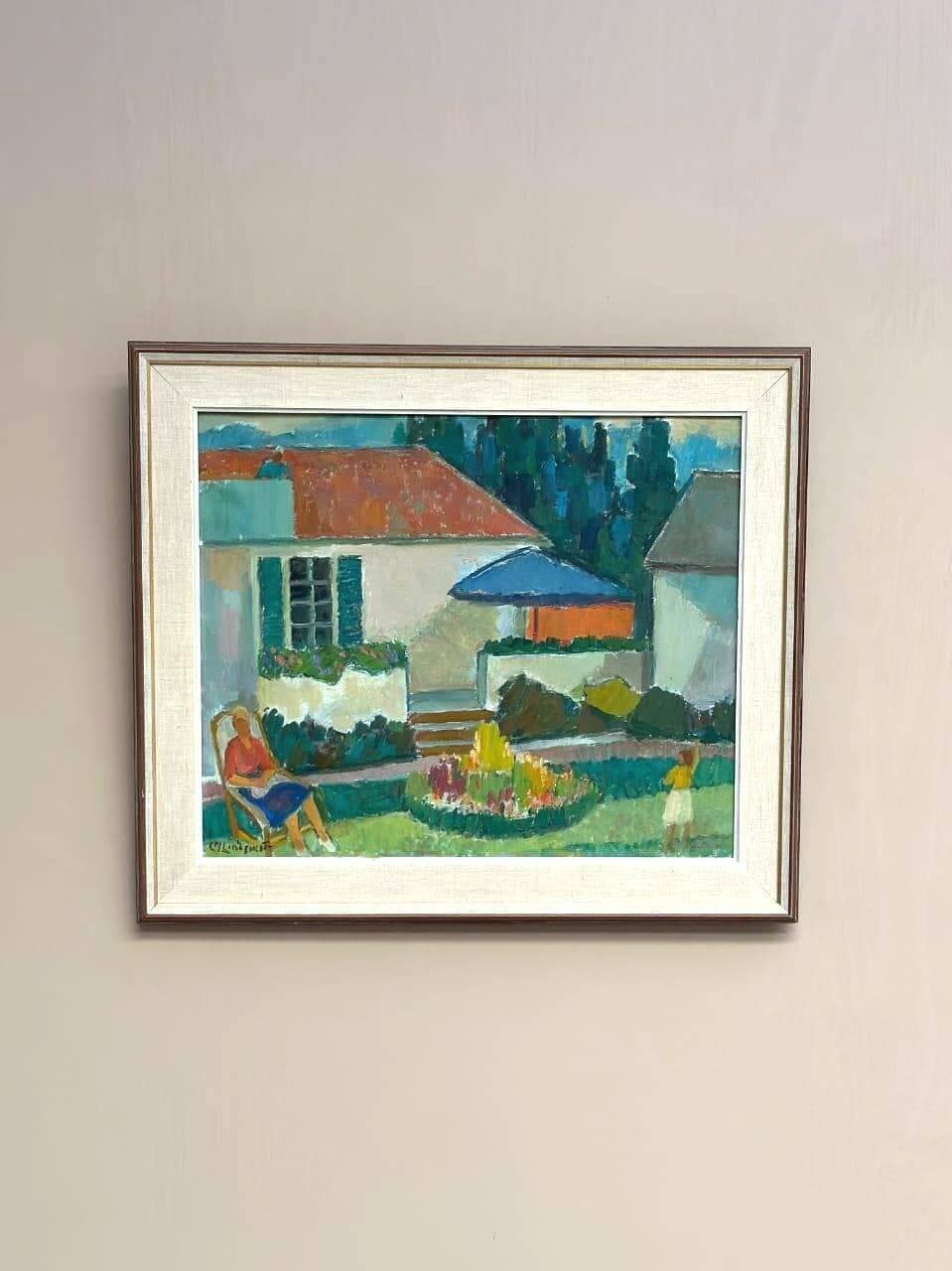 Huile sur toile suédoise d'époque mi-siècle – « Cottage d'été » par Carl Magnus Lindqvist – Vintage et encadrée