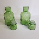 Pair of green moulded glass bottles 70s