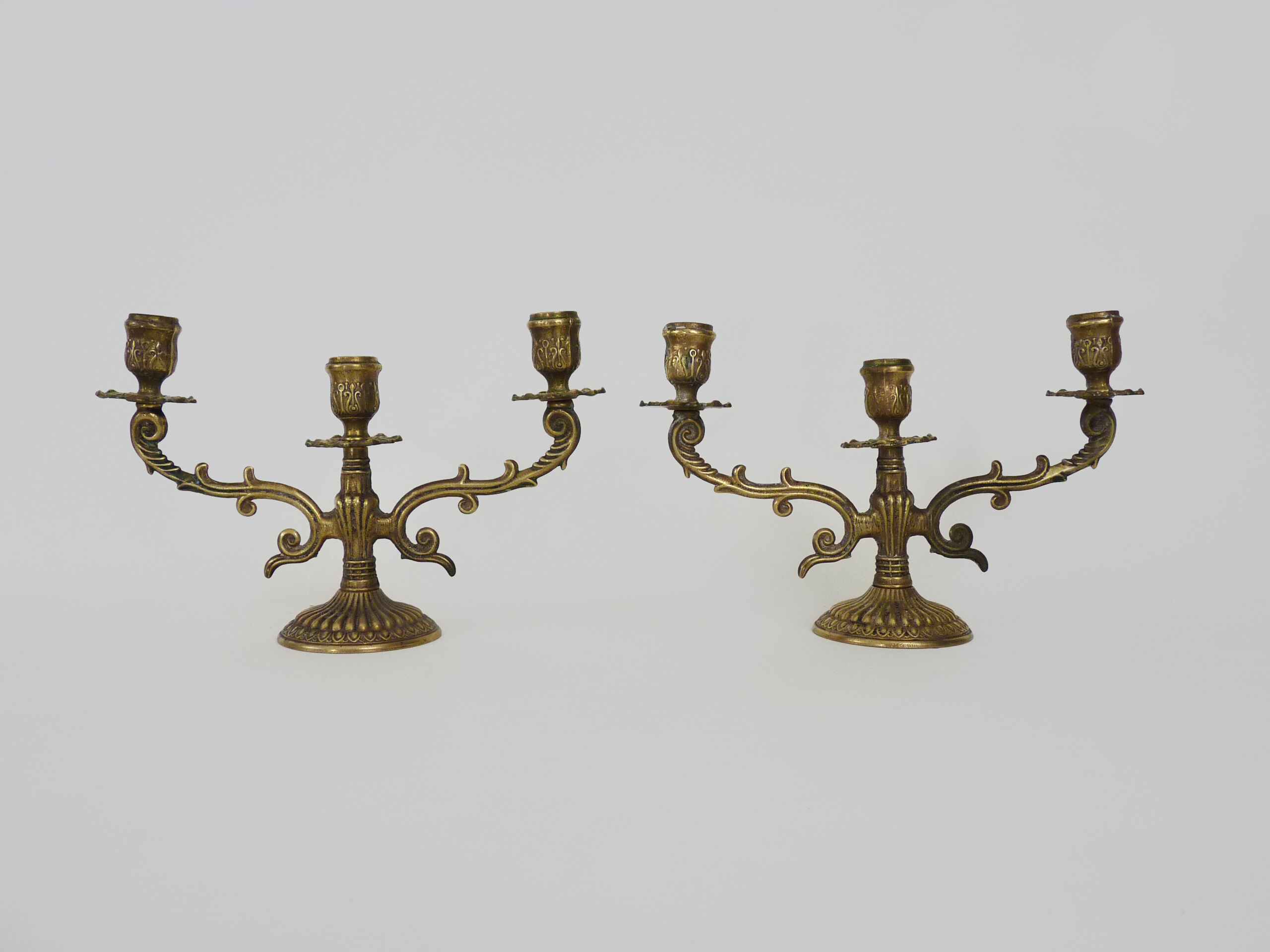 Pair of old candle holders with 3 branches in bronze, year 50/60