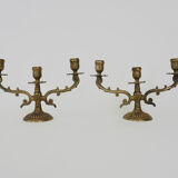 Pair of old candle holders with 3 branches in bronze, year 50/60