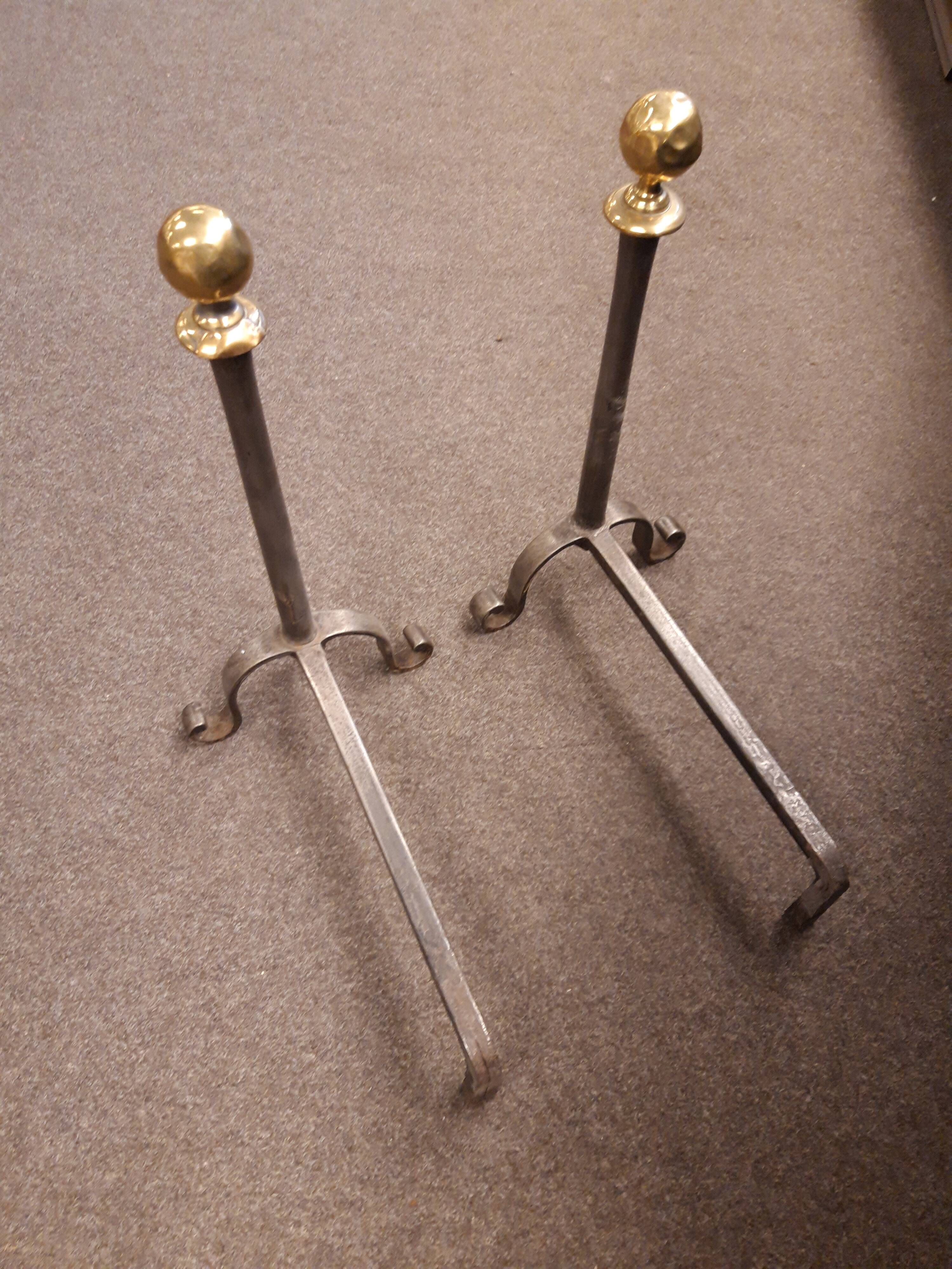 Pair of brass ball andirons