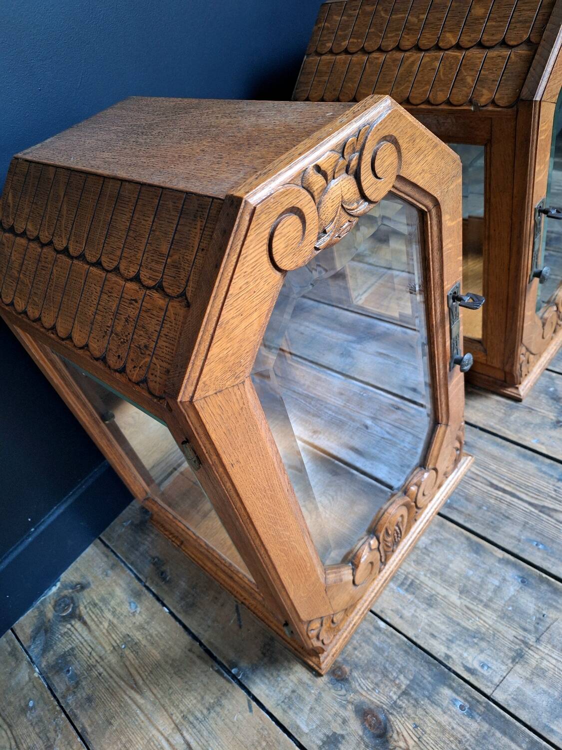 Pair of antique art deco display cabinets, vintage retro decoration