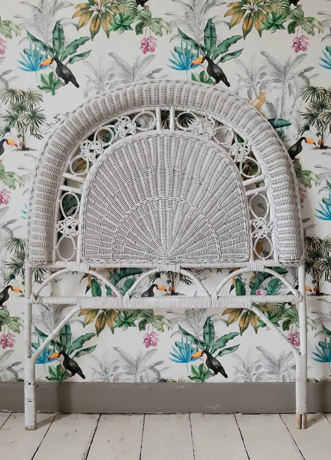 Vintage wicker and rattan headboard, antique peacock furniture for bedroom