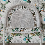 Vintage wicker and rattan headboard, antique peacock furniture for bedroom