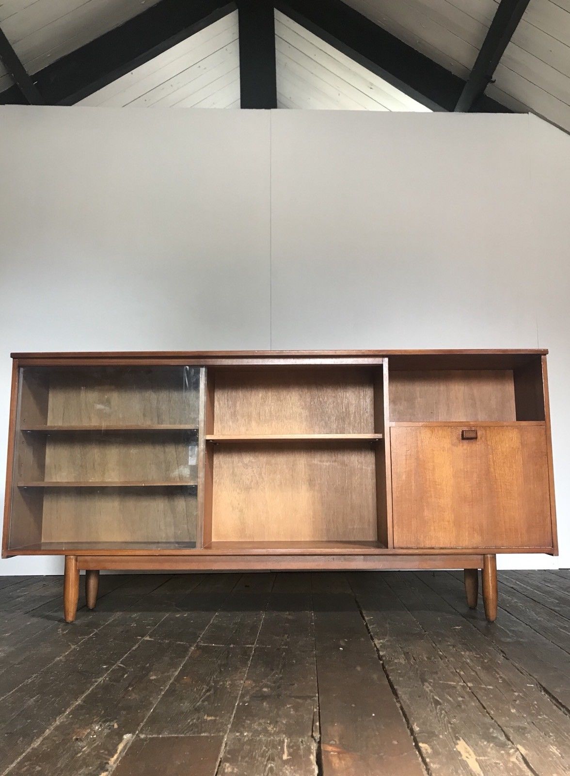 Row / teak, part glass, Mid century Scandinavian buffet