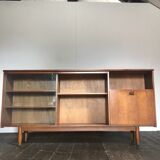 Row / teak, part glass, Mid century Scandinavian buffet