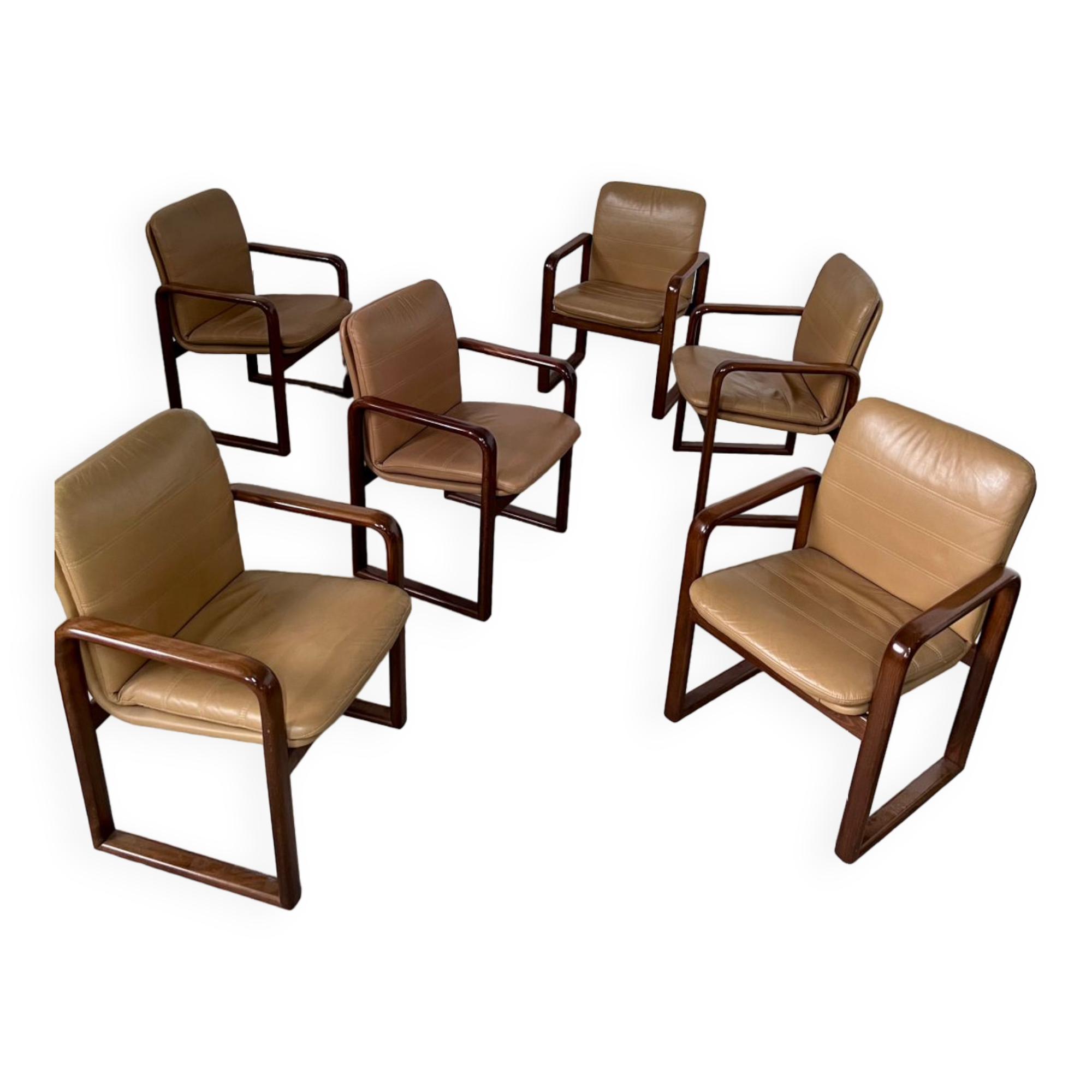 Lot 6 chairs armrests vintage 70s Scandinavian design leather and wood